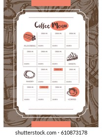 Delicious Coffee - color vector hand drawn composite template menu with copyspace. Realistic marshmallow, cup, cookie, grinder, teapot, cake, sugar, coffee beans, cinnamon.