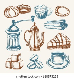 Delicious Coffee - colored vector hand drawn illustrative composition. Realistic marshmallow, cup, cookie, grinder, teapot, cake, sugar, coffee beans, cinnamon.
