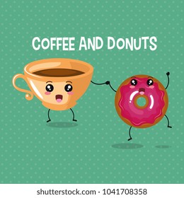 delicious coffee cup and donuts kawaii character