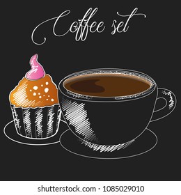 Delicious coffee cup with muffin vector illustration design