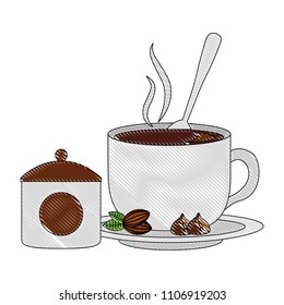 delicious coffee cup with seeds and sugar pot