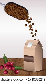 delicious coffee drink poster with seeds in shovel and box packing vector illustration design