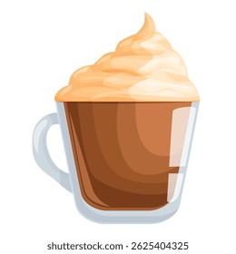 Delicious coffee drink topped with whipped cream in a transparent glass cup