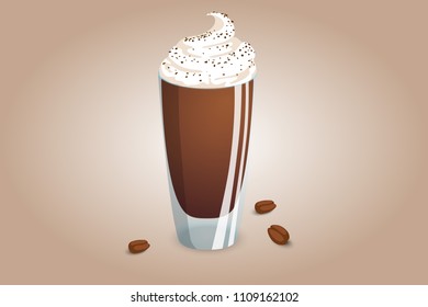 Delicious coffee drink in a transparent cup with milk foam. An invigorating beverage made of milk and coffee. Vector illustration