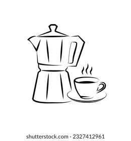 Delicious coffee kettle with cup. Coffee machine, utensils, french press, moka, cup, kettle icon. Hand drawn isolated elements for cafe, menu, coffee shop