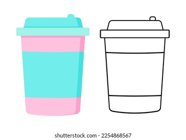 Delicious coffee paper cup icon pink and blue colors. Drink vector illustration design EPS10