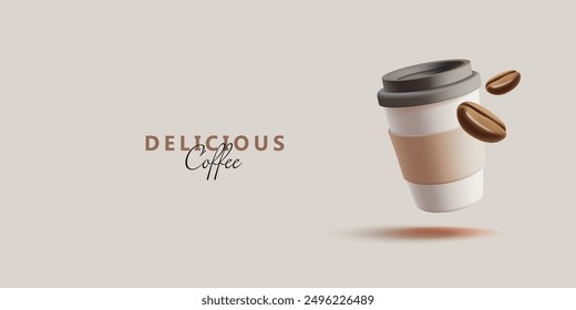 Delicious coffee. Paper modern cup with coffee and coffee beans. Beautiful illustration for advertising coffee in cafes and restaurants. Vector illustration.