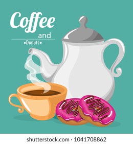 delicious coffee in teapot and donuts