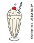 Delicious cold creamy milkshake in tall glass with whipped cream cherry garnish and blue striped paper drinking straw.