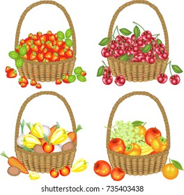 Delicious collection. Four complete baskets: with strawberries, cherries, fruits, vegetables. A bountiful harvest. Vector illustration.