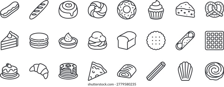 A delicious collection of outline icons featuring various bakery items and sweet treats. Includes icons for croissants, donuts, cakes, macarons, pretzels, waffles, and artisanal breads. Perfect for cafe menus, bakery branding, food blogs, and culinary websites