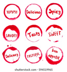 Delicious collection of round watercolor stains with yummy, delicious, spicy, savory, tasty, sweet, delicacy, tasteful, bon appetit text. Set of vector Delicious stamps.