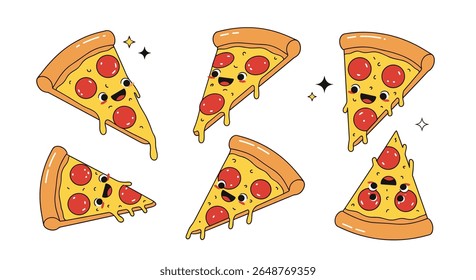 A delicious collection of six cheerful pepperoni pizza slices with cute faces and dripping cheese