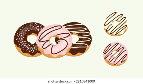 Delicious collection of sweet glazed donuts with chocolate, pink strawberry, and vanilla frosting on white.