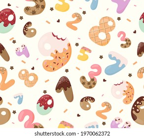 The delicious color pattern of numbers is made of isolated letters in the style of ice cream with decorations. Flat illustration in a fashionable color scheme on a white background. Inscription.