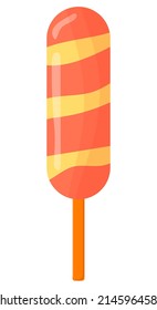 Delicious colored ice cream on a stick with pieces of fruit. A juicy summer element for the design. Vector image on a white isolated background