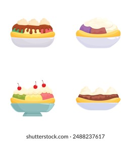 Delicious and colorful assorted desserts vector set with sweet treats, tasty confections, and tempting gourmet snacks illustration collection for menu, bakery, and confectionery design concepts