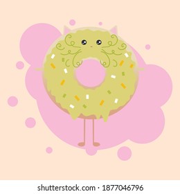 Delicious Colorful Cat Vector Design, Colored donut with cream and glaze. Sweet food cake donut. Bakery donut, cake food. Donut in the coffee shop.