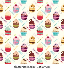 Delicious colorful cupcakes seamless pattern. Vector illustration.
