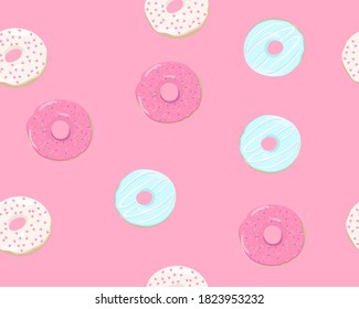 Köstliche, bunte Donuts. Nahtloses Muster. Vektorgrafik.