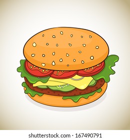 Delicious colorful hamburger, vector ilustration, cartoon icon
