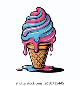 Delicious colorful ice cream cone illustration in a vibrant cartoon style