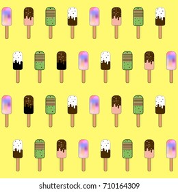 Delicious colorful ice cream pattern over yellow background. Vector illustration