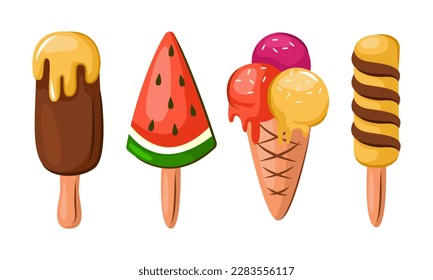 Delicious colorful ice cream set. Collectible ice cream cones and popsicles with different fillings, highlighted on a white background. Vector illustration