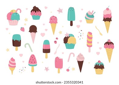 Delicious colorful ice cream set. Collection of various ice cream and popsicle cones with different toppings isolated on white background.  Elements for web design or print. flat vector illustration