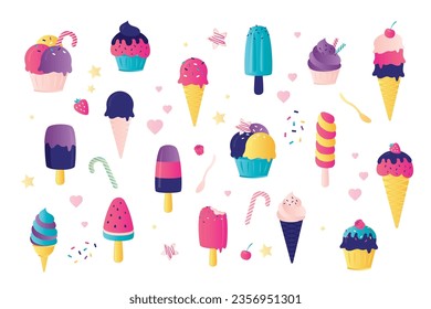 Delicious colorful ice cream set. Collection of various ice cream and popsicle cones with different toppings isolated on white background. Elements for web design or print. flat vector illustration