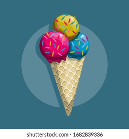 Delicious colorful ice cream in waffle cone isolated on dark background. Vector illustration for web design or print.