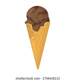 Delicious colorful ice cream in waffle cone isolated on white background. Chocolate ice cream illustration. Vector.