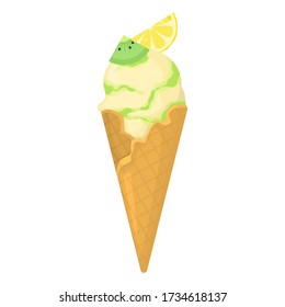 Delicious colorful ice cream in waffle cone isolated on white background. Kiwi with lemon ice cream illustration. Vector.