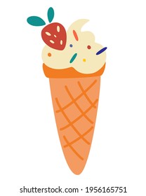 Delicious colorful ice cream in a waffle cone. Ice cream with strawberry. Cold summer desserts vector illustrations.