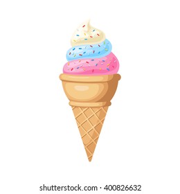 Delicious colorful ice cream in waffle cone isolated on white background. Vector illustration for web design or print