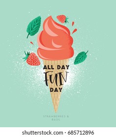 Delicious colorful ice cream in waffle cone. Vector illustration for web design or print