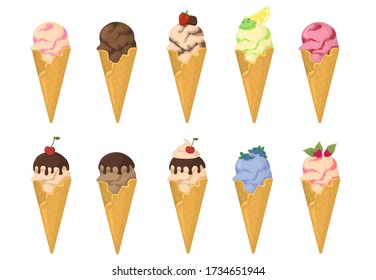 Delicious colorful ice creams in waffle cone isolated on white background. Set of ice cream illustration. Vector.