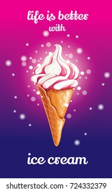 Delicious colorful icecream dessert in waffle cone