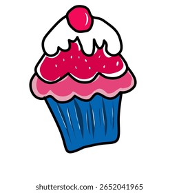 A delicious, colorful illustration vector of a cupcake with a cherry on top. Perfect for food-related projects, this image is vibrant and eye-catching, ideal for various design needs.