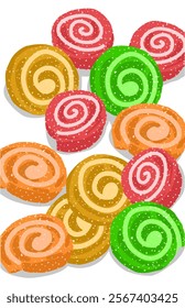 Delicious Colorful sweet roll gummy chewy candys issolated on white. Colorful poster