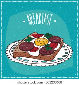 Delicious colorful Toast with Egg, Tomato and Sausage, in cartoon style on blue background. Hand Draw Lettering Breakfast.. Vector illustration