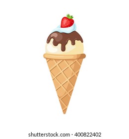 Delicious colourful ice cream with chocolate cream and strawberry isolated on white background. Vector illustration for web design or print