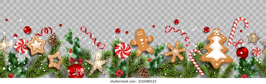 Delicious composition with gingerbread and Christmas decorations. Balls, stars, gingerbreads, fir tree branches isolated. Winter holiday banner