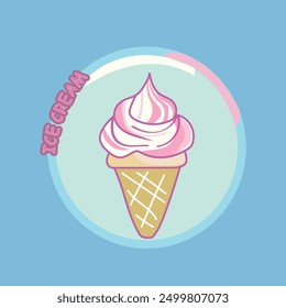 Delicious cone ice cream logo. Suitable for design element of ice cream logo, food and dessert menu.Pink Ice cream cartoon illustration. 