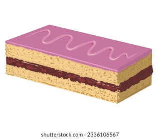 Delicious confectionery cake with strawberry jam and pink icing. Vector image.