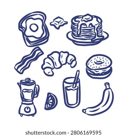 Delicious Continental Breakfast and Smoothie Hand Drawn Monoline Doodle Illustration Set