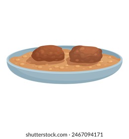 Delicious cooked beans and juicy meatballs served on a blue plate, isolated on white