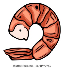 Delicious Cooked Shrimp Vector Illustration: A Detailed Close-up of a Single, Perfectly Curled Shrimp with a Vibrant Orange Hue and Black Outline.