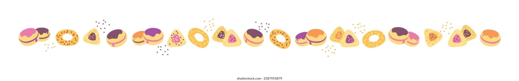 Delicious cookies, bagels and donats on one line, can be repeated. Good for cafe or bakery, borders and frames.