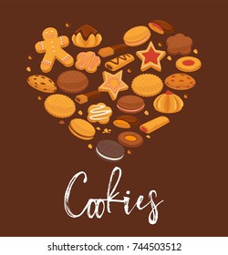 Delicious cookies with chocolate and cream in big heart